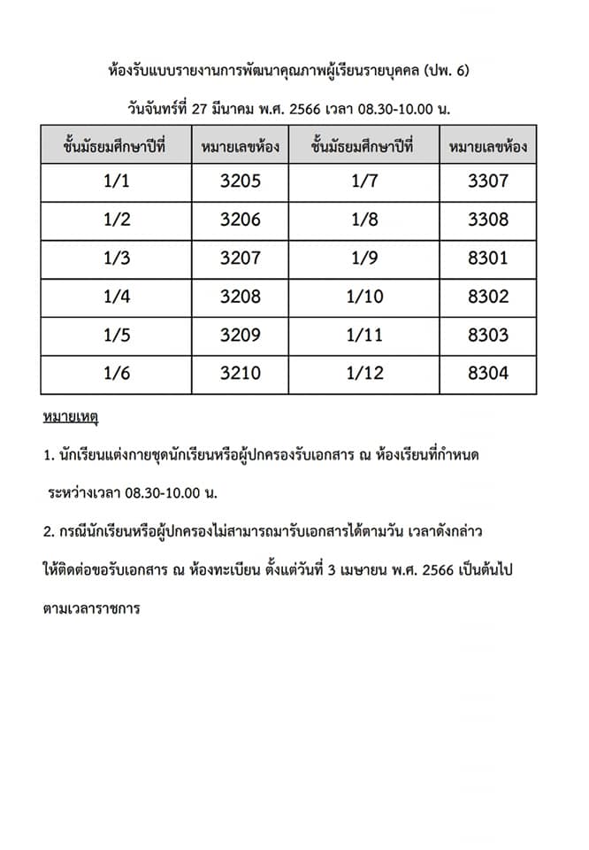 ห้องรับแบบรายงานการพัฒนาคุณภาพผู้เรียนรายบุคคล (ปพ.6) สำหรับนักเรียนชั้นมัธยมศึกษาปีที่ 1, 2, 4 และ 5 วันจันทร์ที่ 27 มีนาคม พ.ศ. 2566 เวลา 08.30-10.00 น.