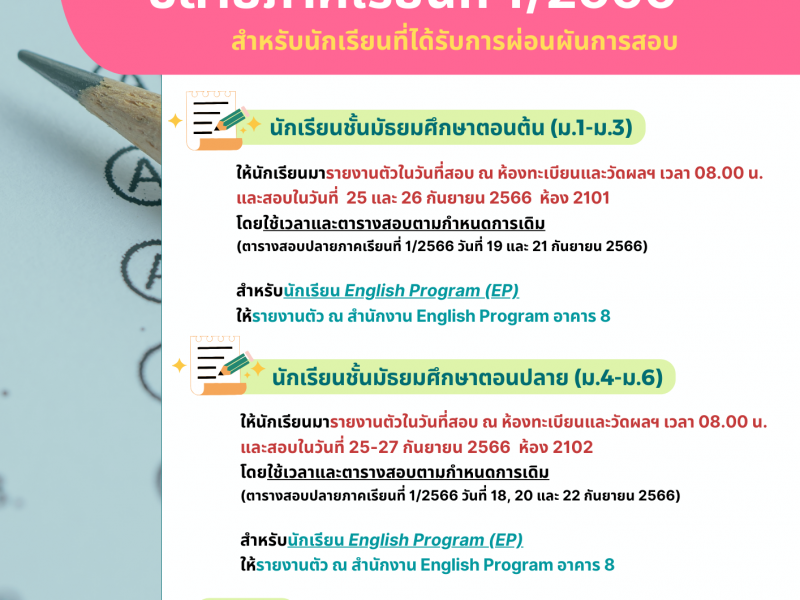 แนวทางการเข้าสอบปลายภาคเรียนที่ 1/2566 สำหรับนักเรียนที่ได้รับการผ่อนผันการสอบ โดย งานวัดและประเมินผลการเรียนรู้ กลุ่มบริหารวิชาการ