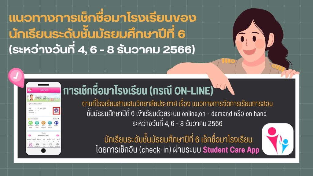 แนวทางการเช็กชื่อมาโรงเรียนของนักเรียนระดับชั้นมัรยมศึกษาปีที่ 6 (กรณี ON-LINE) ระหว่างวันที่ 4, 6 – 8 ธันวาคม 2566
