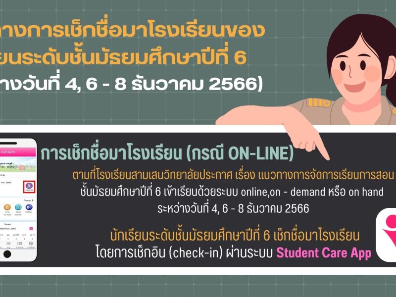 แนวทางการเช็กชื่อมาโรงเรียนของนักเรียนระดับชั้นมัรยมศึกษาปีที่ 6 (กรณี ON-LINE) ระหว่างวันที่ 4, 6 – 8 ธันวาคม 2566