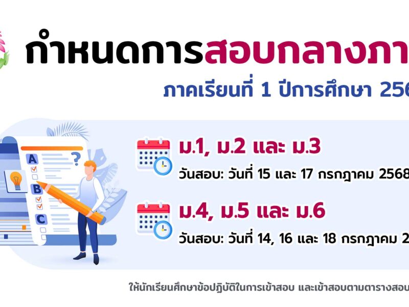 กำหนดการสอบกลางภาค ภาคเรียนที่ 1 ปีการศึกษา 2568 ระดับชั้นมัธยมศึกษาปีที่ 1-6 วันที่ 14-18 กรกฎาคม 2568