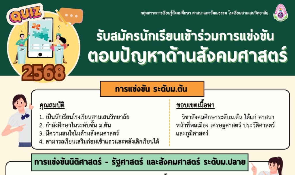 กลุ่มสาระการเรียนรู้สังคมศึกษา ศาสนาแลวัฒนธรรม ขอเชิญชวนนักเรียน ระดับ ม.ต้น และ ม.ปลาย เข้าร่วมการแข่งขันตอบปัญหาด้านสังคมศาสตร์ ปีการศึกษา 2568