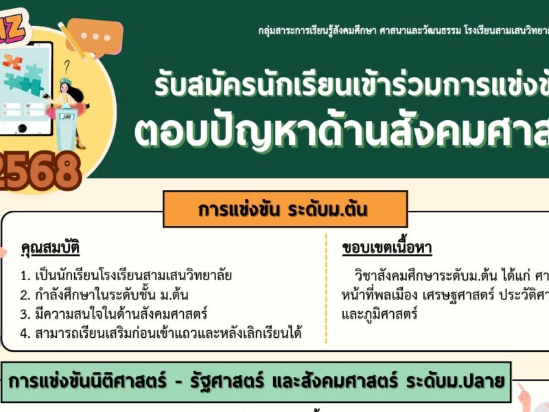 กลุ่มสาระการเรียนรู้สังคมศึกษา ศาสนาแลวัฒนธรรม ขอเชิญชวนนักเรียน ระดับ ม.ต้น และ ม.ปลาย เข้าร่วมการแข่งขันตอบปัญหาด้านสังคมศาสตร์ ปีการศึกษา 2568