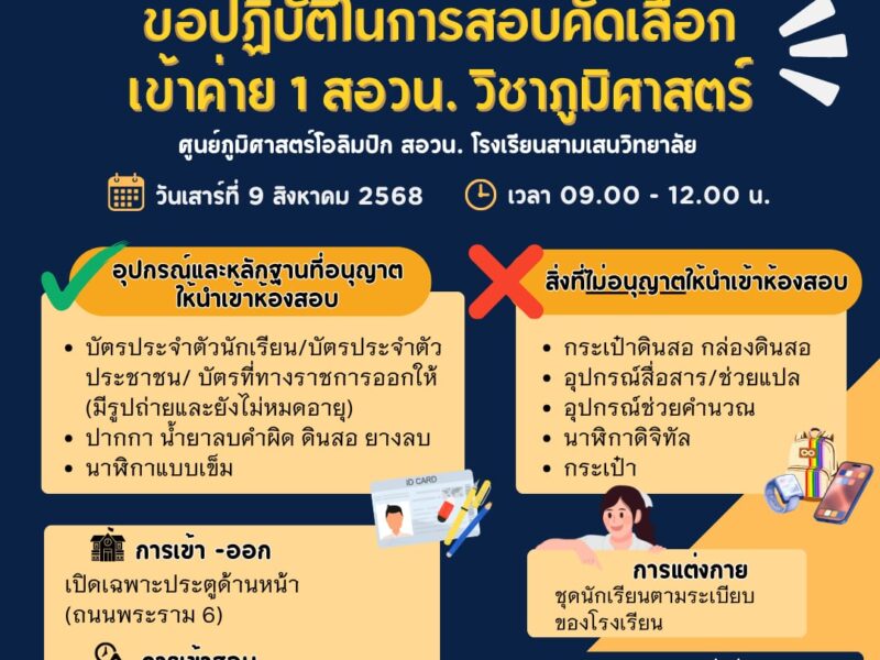 ศูนย์ภูมิศาสตร์โอลิมปิก สอวน. โรงเรียนสามเสนวิทยาลัย ประกาศรายชื่อผู้มีสิทธิ์สอบคัดเลือกเข้าค่าย 1 สอวน. วิชาภูมิศาสตร์ ปีการศึกษา 2568 และข้อปฏิบัติในการสอบคัดเลือก วันเสาร์ที่ 9 สิงหาคม 2568