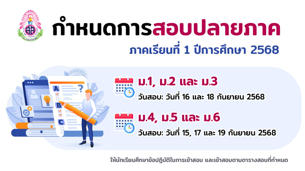 กำหนดการสอบปลายภาค ภาคเรียนที่ 1 ปีการศึกษา 2568 ระดับชั้นมัธยมศึกษาปีที่ 1-6 วันที่ 15-19 กันยายน 2568