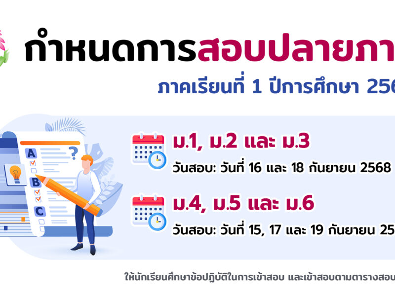 กำหนดการสอบปลายภาค ภาคเรียนที่ 1 ปีการศึกษา 2568 ระดับชั้นมัธยมศึกษาปีที่ 1-6 วันที่ 15-19 กันยายน 2568