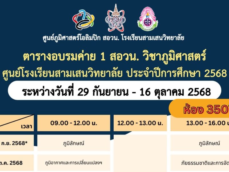 ศูนย์ภูมิศาสตร์โอลิมปิก สอวน. โรงเรียนสามเสนวิทยาลัย ตารางอบรมค่าย 1 สอวน. วิชาภูมิศาสตร์ ศูนย์โรงเรียนสามเสนวิทยาลัย ประจำปีการศึกษา 2568 ระหว่างวันที่ 29 กันยายน – 16 ตุลาคม 2568