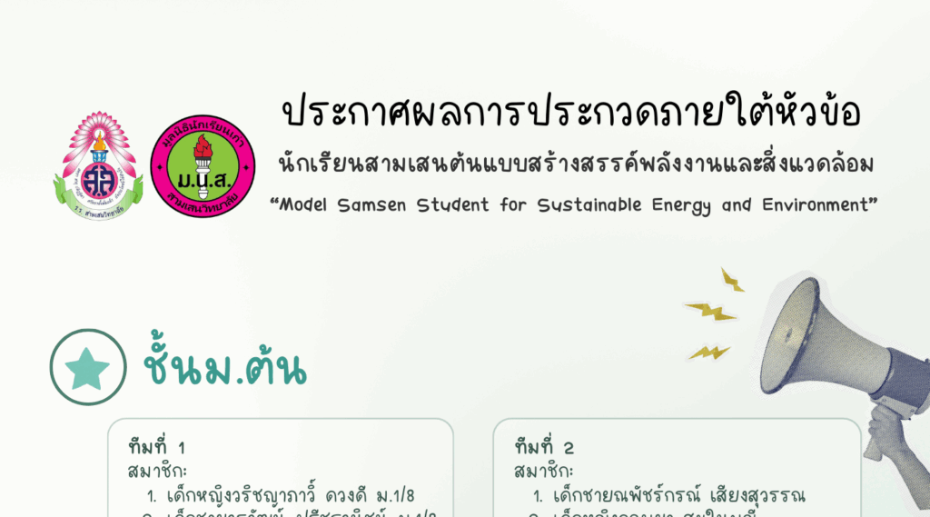 ประกาศผลการประกวดภายใต้หัวข้อ “นักเรียนสามเสนต้นแบบสร้างสรรค์พลังงานและสิ่งแวดล้อม” Model Samsen Student for Sustainable Energy and Environment”