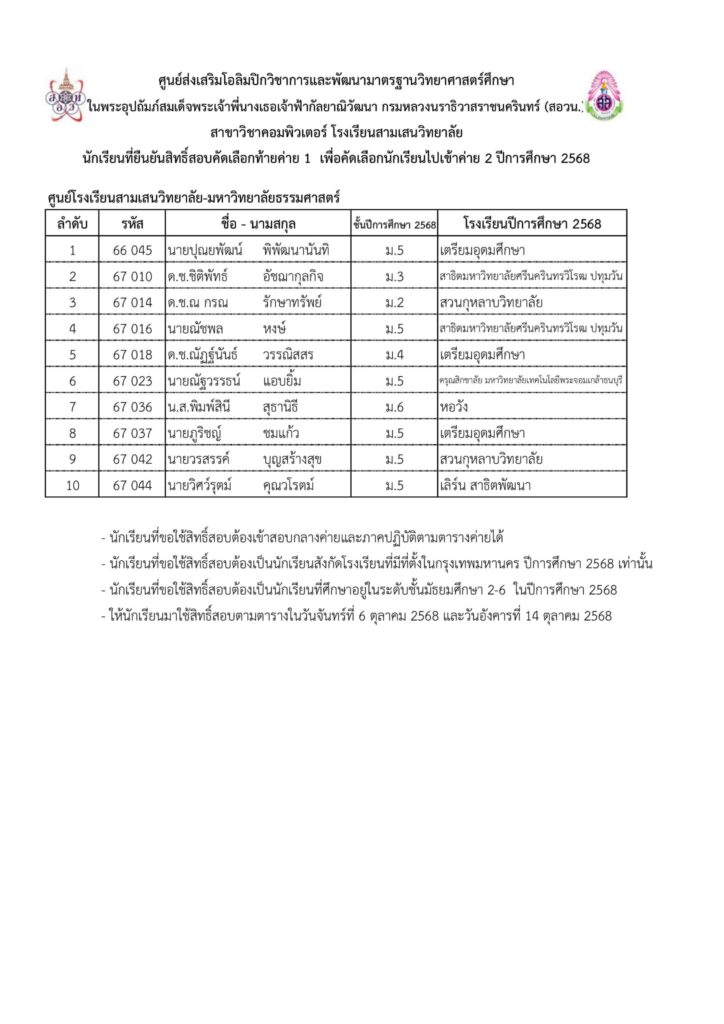 ประกาศ สอวน.วิชาคอมพิวเตอร์ รายชื่อนักเรียนที่ยืนยันสิทธิ์สอบคัดเลือกท้ายค่าย 1 เพื่อคัดเลือกนักเรียนไปค่าย 2 ศูนย์โรงเรียนสามเสนวิทยาลัย ปีการศึกษา 2568