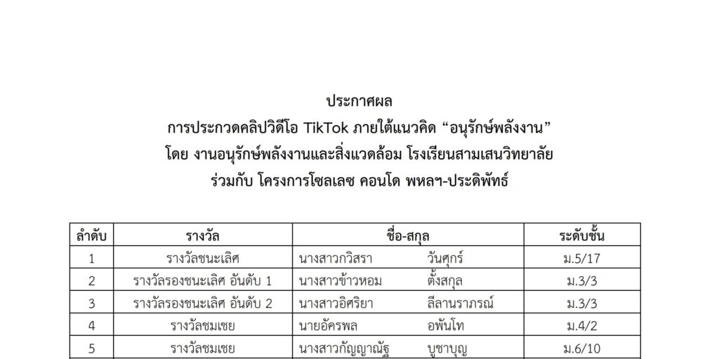 ประกาศผล การประกวดคลิปวิดีโอ TikTok ภายใต้แนวคิด “อนุรักษ์พลังงาน” โดย งานอนุรักษ์พลังงานและสิ่งแวดล้อม โรงเรียนสามเสนวิทยาลัย ร่วมกับ โครงการโซลเลซ คอนโด พหลฯ-ประดิพัทธ์