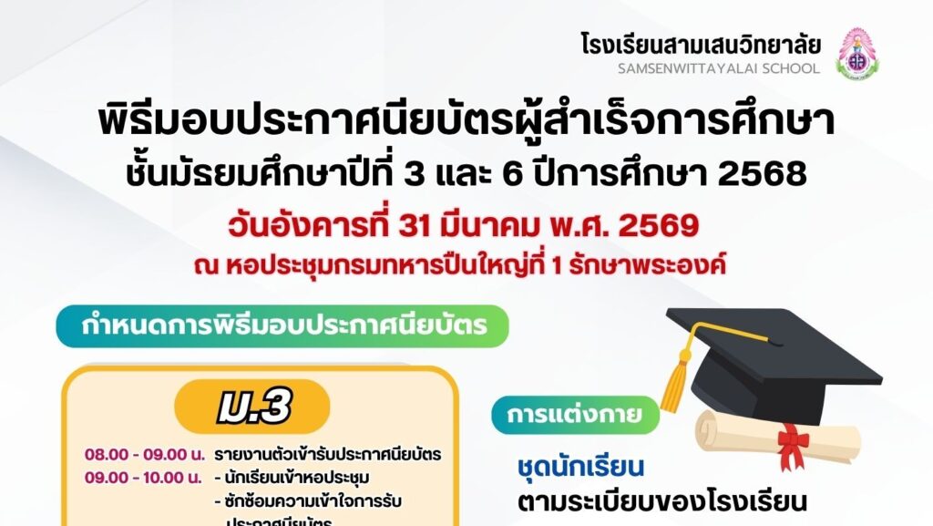 พิธีมอบประกาศนียบัตรผู้สำเร็จการศึกษา ชั้นมัธยมศึกษาปีที่ 3 และ 6 ปีการศึกษา 2568 วันอังคารที่ 31 มีนาคม พ.ศ. 2569 ณ หอประชุมกรมทหารปืนใหญ่ที่ 1 รักษาพระองค์