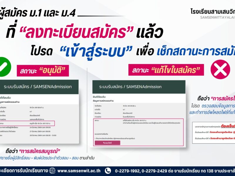 ผู้สมัคร ม.1 และ ม.4 ห้องเรียนปกติ ที่ “ลงทะเบียนสมัคร” แล้ว โปรด “เข้าสู่ระบบ” เพื่อเช็กสถานะการสมัคร 📍ผู้สมัครที่ได้รับ “อนุมัติ” ✅ จึงจะมีสิทธิ์เข้าสอบ📍