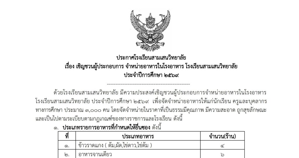 ประกาศโรงเรียนสามเสนวิทยาลัย เรื่อง เชิญชวนผู้ประกอบการจำหน่ายอาหารในโรงอาหาร โรงเรียนสามเสนวิทยาลัย ประจำปีการศึกษา 2569