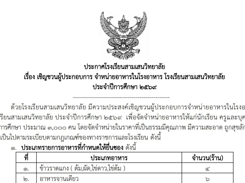 ประกาศโรงเรียนสามเสนวิทยาลัย เรื่อง เชิญชวนผู้ประกอบการจำหน่ายอาหารในโรงอาหาร โรงเรียนสามเสนวิทยาลัย ประจำปีการศึกษา 2569