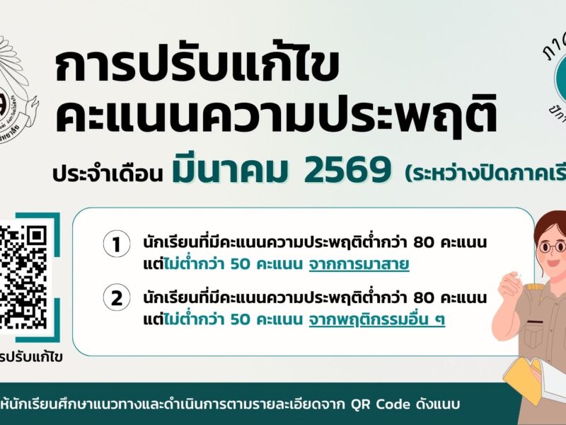 กิจกรรมการปรับแก้ไขคะแนนความประพฤติ ประจำเดือน มีนาคม 2569 (ระหว่างปิดภาคเรียน) ภาคเรียนที่ 2 ปีการศึกษา 2568