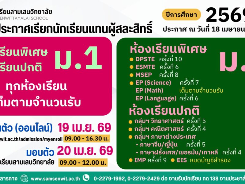 ประกาศโรงเรียนสามเสนวิทยาลัย เรื่อง เรียกนักเรียนแทนผู้สละสิทธิ์เข้าศึกษาต่อระดับชั้นมัธยมศึกษาปีที่ 4 ปีการศึกษา 2569 (ประกาศ ณ วันที่ 18 เมษายน 2569)