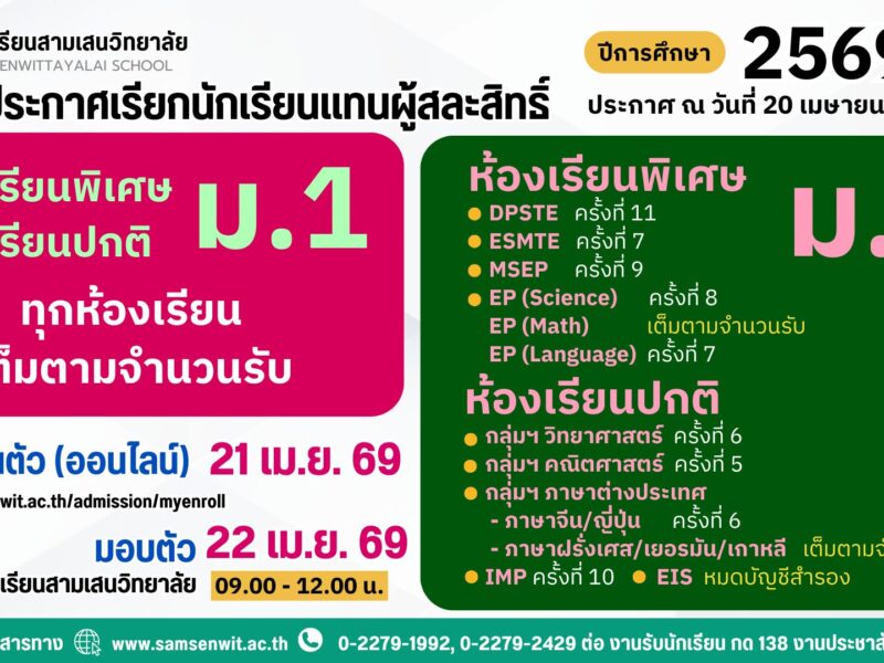 ประกาศโรงเรียนสามเสนวิทยาลัย เรื่อง เรียกนักเรียนแทนผู้สละสิทธิ์เข้าศึกษาต่อระดับชั้นมัธยมศึกษาปีที่ 4 ปีการศึกษา 2569 (ประกาศ ณ วันที่ 20 เมษายน 2569)