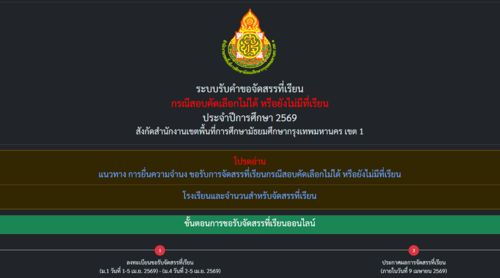 ระบบรับคำขอจัดสรรที่เรียน กรณีสอบคัดเลือกไม่ได้ หรือยังไม่มีที่เรียน ประจำปีการศึกษา 2569 สังกัดสำนักงานเขตพื้นที่การศึกษามัธยมศึกษากรุงเทพมหานคร เขต 1 ลงทะเบียนขอรับจัดสรรที่เรียน (ม.1 วันที่ 1-5 เม.ย. 2569) – (ม.4 วันที่ 2-5 เม.ย. 2569)