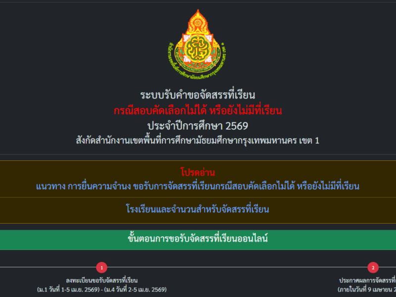 ระบบรับคำขอจัดสรรที่เรียน กรณีสอบคัดเลือกไม่ได้ หรือยังไม่มีที่เรียน ประจำปีการศึกษา 2569 สังกัดสำนักงานเขตพื้นที่การศึกษามัธยมศึกษากรุงเทพมหานคร เขต 1 ลงทะเบียนขอรับจัดสรรที่เรียน (ม.1 วันที่ 1-5 เม.ย. 2569) – (ม.4 วันที่ 2-5 เม.ย. 2569)