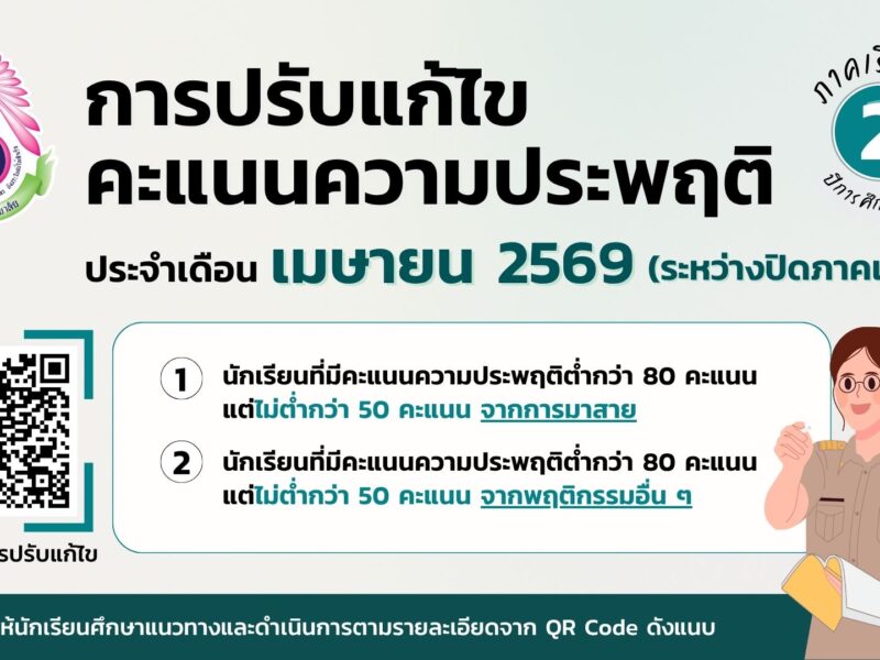 กิจกรรมการปรับแก้ไขคะแนนความประพฤติ ประจำเดือน เมษายน 2569 (ระหว่างปิดภาคเรียน) ภาคเรียนที่ 2 ปีการศึกษา 2568