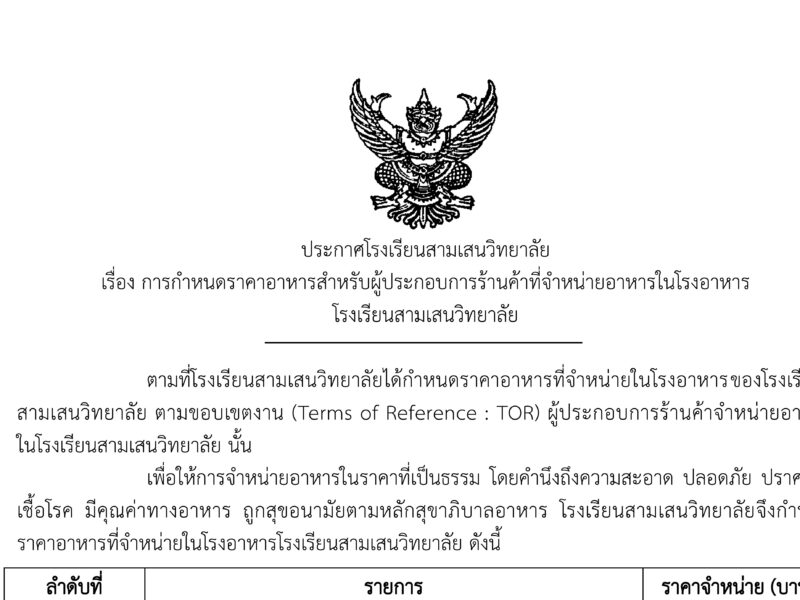 ประกาศโรงเรียนสามเสนวิทยาลัย เรื่อง  การกำหนดราคาอาหารสำหรับผู้ประกอบการร้านค้าที่จำหน่ายอาหารในโรงอาหารโรงเรียนสามเสนวิทยาลัย