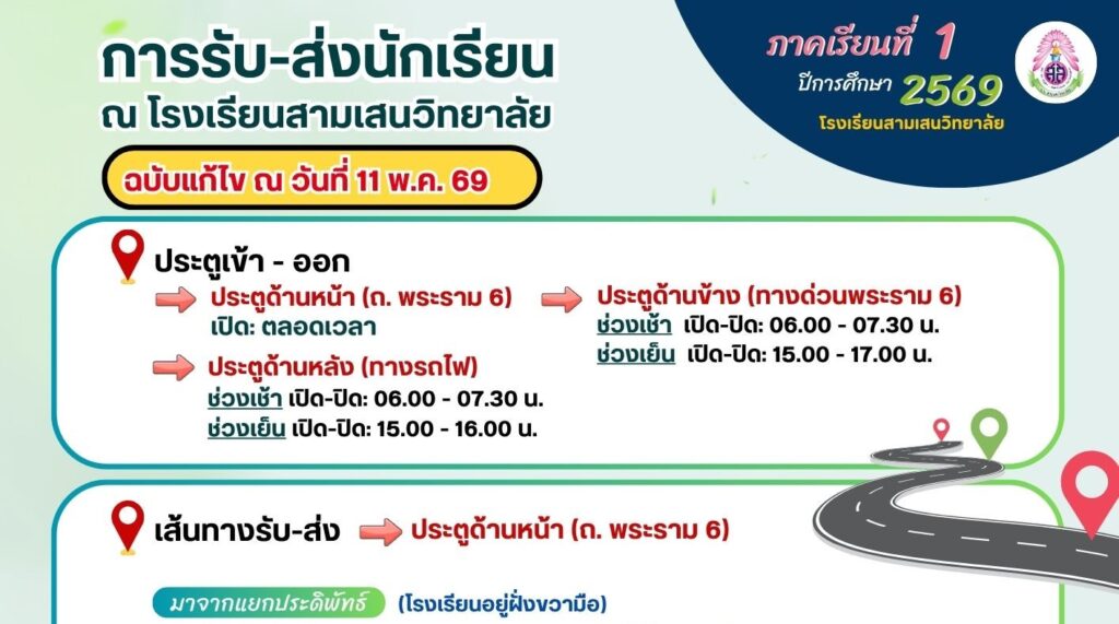 การรับ-ส่งนักเรียน การเปิด-ปิดประตู และแจ้งเปลี่ยนเส้นทางการเข้า-ออกลานจอดรถใต้ทางด่วน ภาคเรียนที่ 1 ปีการศึกษา 2569 (ฉบับแก้ไข 11 พฤษภาคม 2569)