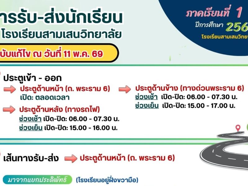 การรับ-ส่งนักเรียน การเปิด-ปิดประตู และแจ้งเปลี่ยนเส้นทางการเข้า-ออกลานจอดรถใต้ทางด่วน ภาคเรียนที่ 1 ปีการศึกษา 2569 (ฉบับแก้ไข 11 พฤษภาคม 2569)