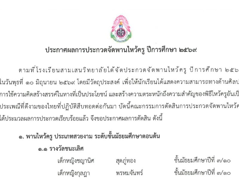 ประกาศผลการประกวดจัดพานไหว้ครู ปีการศึกษา 2569