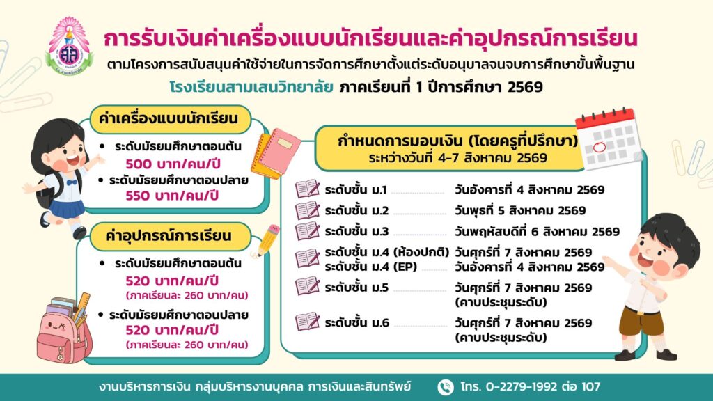 การรับเงินค่าเครื่องแบบนักเรียนและค่าอุปกรณ์การเรียน ตามโครงการสนับสนุนค่าใช้จ่ายในการจัดการศึกษาตั้งแต่ระดับอนุบาลจนจบการศึกษาขั้นพื้นฐาน โรงเรียนสามเสนวิทยาลัย ภาคเรียนที่ 1 ปีการศึกษา 2569