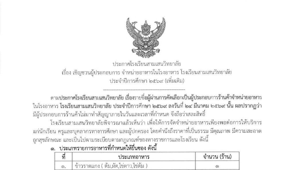 ประกาศโรงเรียนสามเสนวิทยาลัย เรื่อง เชิญชวนผู้ประกอบการ จำหน่ายอาหารในโรงอาหาร โรงเรียนสามเสนวิทยาลัย ประจำปีการศึกษา 2569 (เพิ่มเติม)