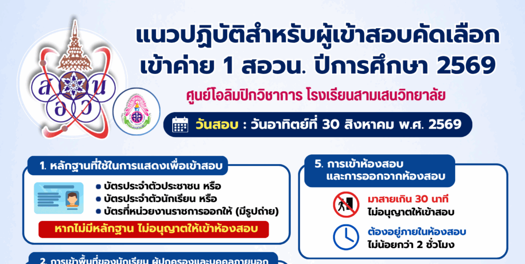 แนวปฏิบัติสำหรับผู้เข้าสอบคัดเลือก เข้าค่าย 1 สอวน. ปีการศึกษา 2569 วันอาทิตย์ที่ 30 สิงหาคม พ.ศ. 2569 ณ สนามสอบโรงเรียนสามเสนวิทยาลัย