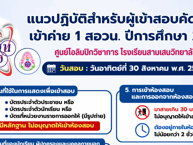 แนวปฏิบัติสำหรับผู้เข้าสอบคัดเลือก เข้าค่าย 1 สอวน. ปีการศึกษา 2569 วันอาทิตย์ที่ 30 สิงหาคม พ.ศ. 2569 ณ สนามสอบโรงเรียนสามเสนวิทยาลัย