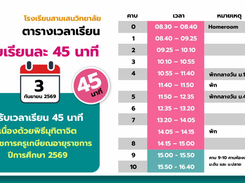 วันพฤหัสบดีที่ 3 กันยายน 2569 ปรับเวลาเรียนคาบเรียนละ 45 นาที เนื่องด้วยพิธีมุทิตาจิต ข้าราชการครูเกษียณอายุราชการ ปีการศึกษา 2569