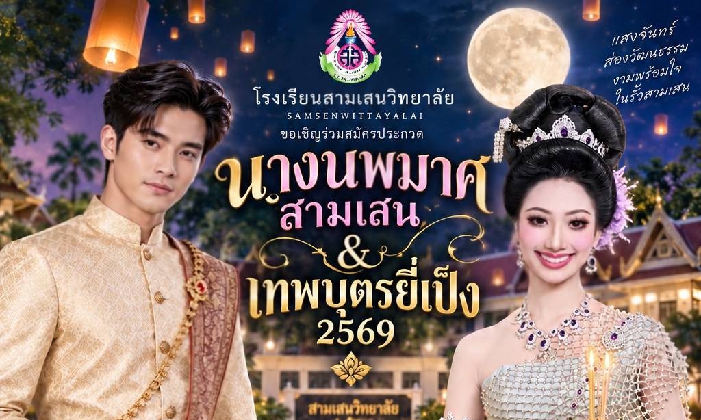 งานส่งเสริมคุณธรรมจริยธรรมนักเรียน ขอนำเสนอ กิจกรรมเนื่องในเทศกาลวันลอยกระทง ๒๕๖๙ “งามอย่างไทยด้วยหัวใจสามเสน” เปิดรับสมัครนักเรียนที่สนใจร่วมประกวด “นางนพมาศ และ เทพบตรยี่เป็ง ๒๕๖๙” เนื่องในเทศกาลวันลอยกระทงประจำปี ๒๕๖๙ ผ่านระบบออนไลน์ ดังรายละเอียดในโปสเตอร์
