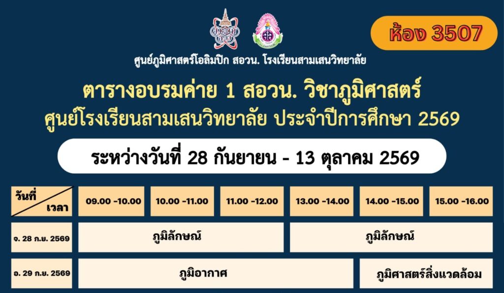 ศูนย์ภูมิศาสตร์โอลิมปิก สอวน. โรงเรียนสามเสนวิทยาลัย แจ้งตารางอบรมค่าย 1 สอวน. วิชาภูมิศาสตร์ ศูนย์โรงเรียนสามเสนวิทยาลัย ประจำปีการศึกษา 2569 ระหว่างวันที่ 28 กันยายน – 13 ตุลาคม 2569