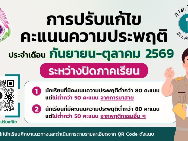 กิจกรรมการปรับแก้ไขคะแนนความประพฤติ ประจําเดือน กันยายน – ตุลาคม ระหว่างปิดภาคเรียนที่ 1 ปีการศึกษา 2569